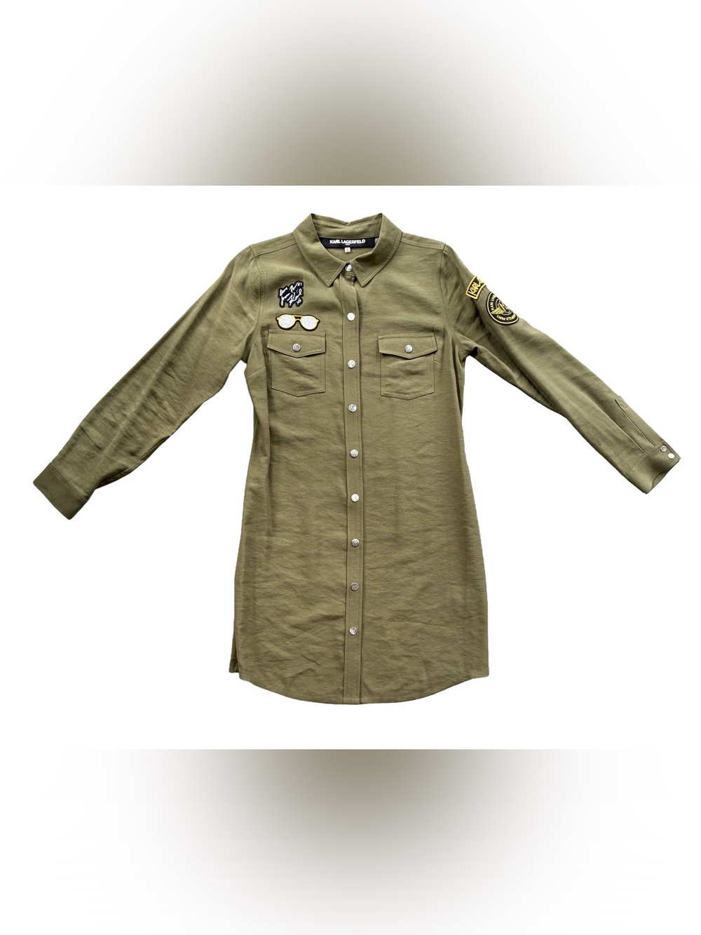 Karl Lagerfeld Paris Military Green Patch Shirt Dress | Size Small